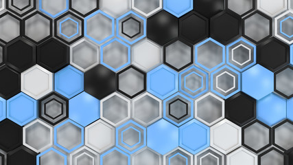 Abstract 3d background made of black, white and blue hexagons on white background