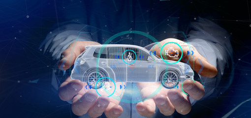 Man holding a Smartcar with checkings 3d rendering