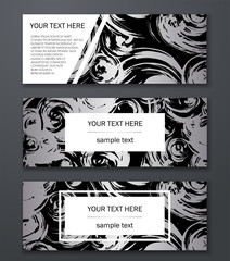 Set of black, white and silver banners templates. Modern abstract design. Hand drawn ink pattern. Brush texture.