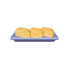 Delicious tamagoyaki rolls on purple rectangular plate. Japanese cuisine. Asian food. Flat vector for menu, recipe book or promo flyer