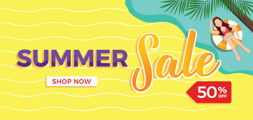 Beach summer sale illustration template with 50 percent off sign,