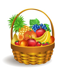 basket full of fruits like bananas, apples, grapes, pineapple, pear, peach