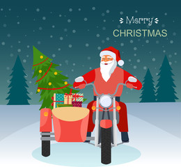 Retro red motorcycle with santa claus, christmas tree and gift boxes. Merry Christmas. Vector flat style illustration