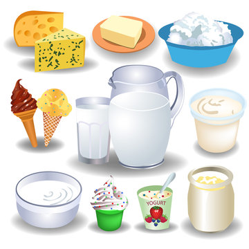 dairy products like milk, cheese, yogurt, cream and butter