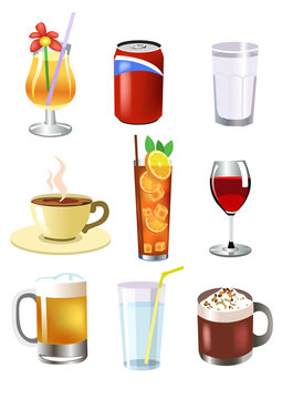 set of vector drinks, like beer, wine, ice tea, hot chocolate, coffee