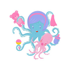 Mom octopus with her little baby. Marine animal holding small bottle, handkerchief and toys in tentacles. Flat vector for poster or banner