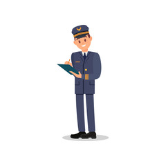 Professional pilot making notes to folder. Young smiling captain in uniform. Worker of airline. Flat vector design