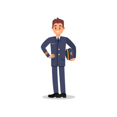 Handsome captain of airplane holding hat in hand. Young pilot with happy face. Worker of civil aviation. Flat vector design