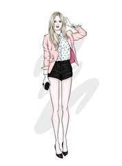 A tall slender girl in short shorts, a jacket and high-heeled shoes. Beautiful model in stylish clothes. Vector illustration for a postcard or a poster, print for clothes.