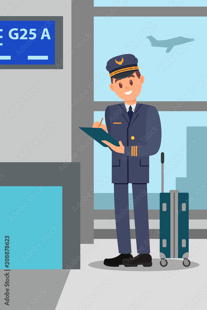 Poster pilot with suitcase standing in airport terminal. cartoon captain making notes to folder. big window