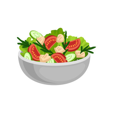 Appetizing salad in big ceramic bowl. Tasty and healthy eating. Delicious meal for dinner. Flat vector design