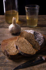 Bread, garlic, pickles and brine, vodka