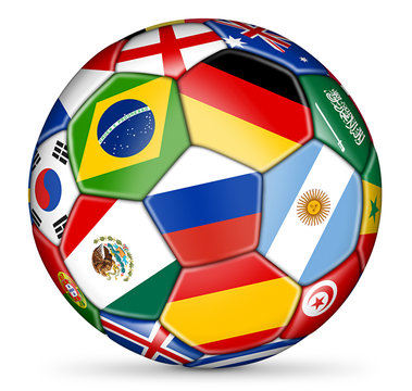 soccer ball with colorful national flags isolated on white background