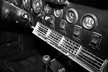 ISRAEL, PETAH TIQWA - MAY 14, 2016:  Exhibition of technical antiques. Dashboard in interior of old...
