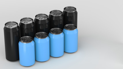  Black and blue soda cans standing in two raws on white background