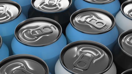 Big black, white and blue soda cans on white background