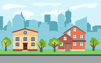 Fototapeta premium Vector city with two-story and three-story cartoon houses and green trees in the sunny day. Summer urban landscape. Street view with cityscape on a background 