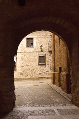 arch of Square of la Iglesia , La Iglesuela del Cid, Mestrazgo, Teruel province, Aragon, Spain