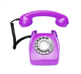 Purple retro telephone isolated on white background