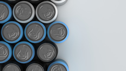 Big black, white and blue soda cans on white background
