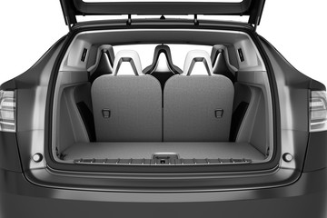 Empty car minivan trunk with folded rear seats A lot of space 3d render - obrazy, fototapety, plakaty