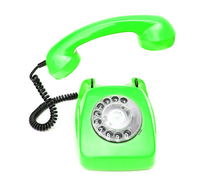 Green retro telephone isolated on white background