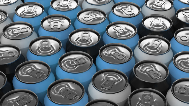 Big black, white and blue soda cans on white background