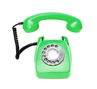 Green retro telephone isolated on white background