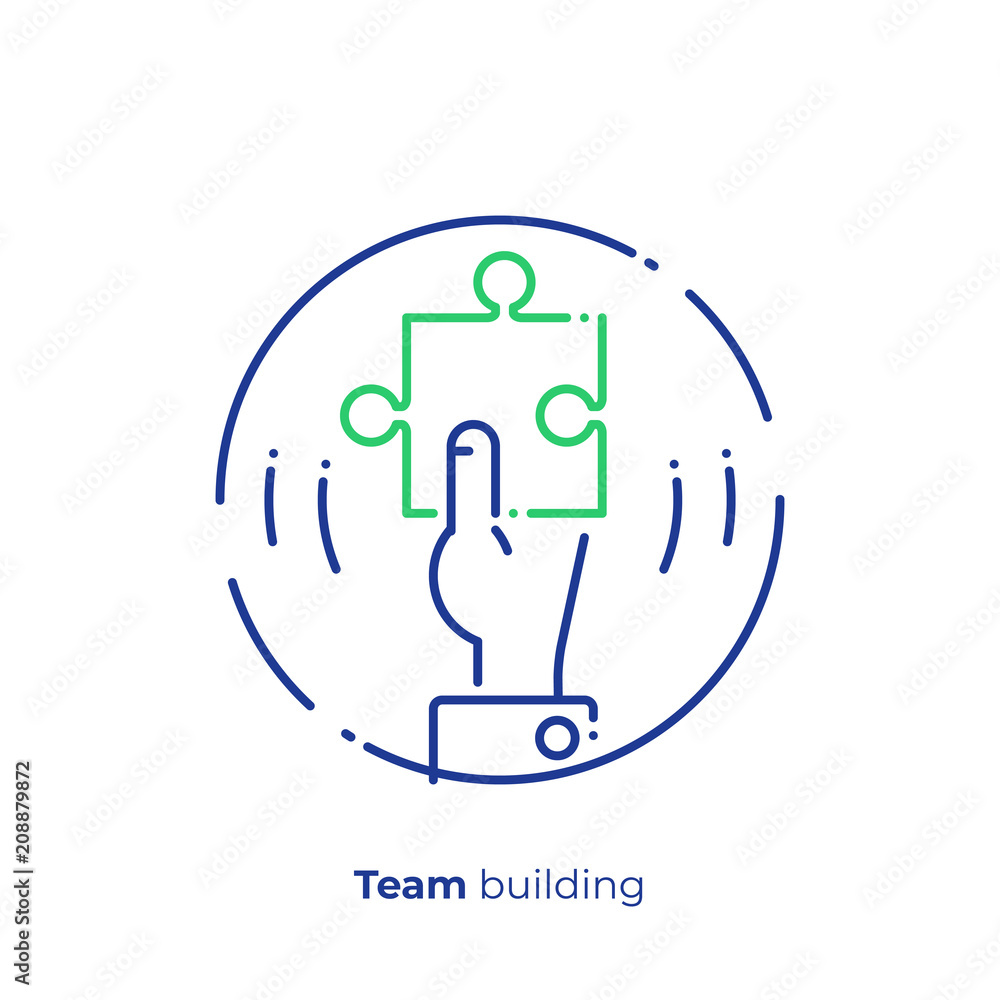 Poster line art puzzle piece in a hand. business solution. team building. scalable vector icon in modern li