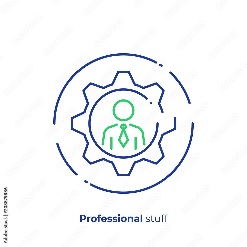 Poster line art man in gear. hiring. team building. scalable vector icon in modern lineart style. outline e