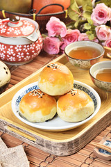 Red bean paste with walnut kernel moon cake,Chinese mid autumn festival food.   