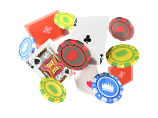 modern concept of casino games Falling casino chips and aces with blurred elements 3d render isolated on white