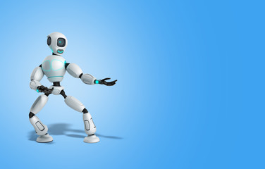 modern concept of product presentation robot points to a thing standing nearby 3d render on blue