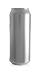 Aluminum can of cold beer on white background