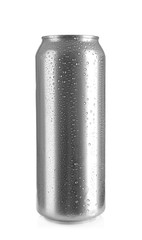 Aluminum can of cold beer on white background