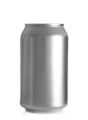 Aluminum can of cold beer on white background