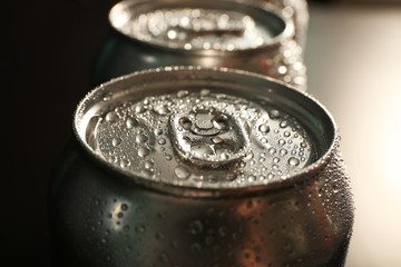Aluminum cans of cold beer, closeup