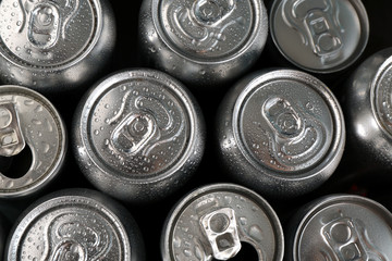 Aluminum cans of cold beer, top view