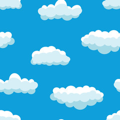 Seamless background with blue sky and white cartoon clouds. Vector illustration.
