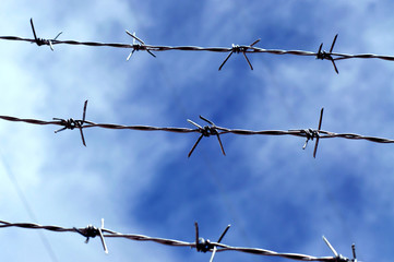 Barbed wire and sky backdrop.