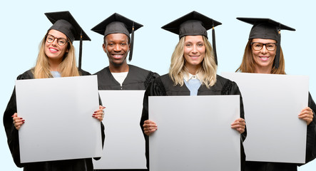 Education concept, university graduate woman and man group holding blank advertising banner, good...