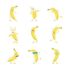 Cartoon Characters Funny Yellow Bananas Set. Vector