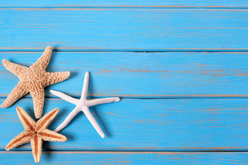 Tropical beach summer starfish blue wood background