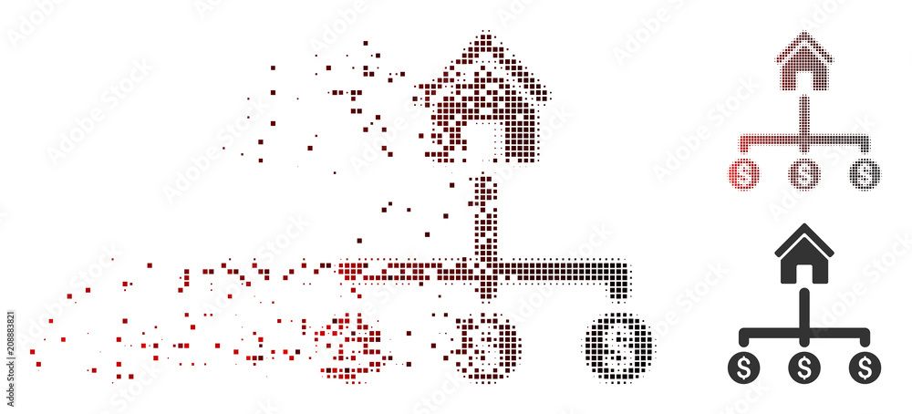 Poster vector building payments icon in dispersed, dotted halftone and undamaged solid variants. disintegra