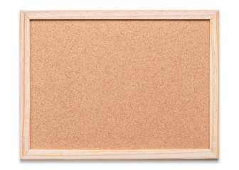 Blank cork board mock up with corkboard texture background with wooden frame hanging on white wood wall (isolated with clipping path) for bulletin mockup, memo or noticeboard announcement