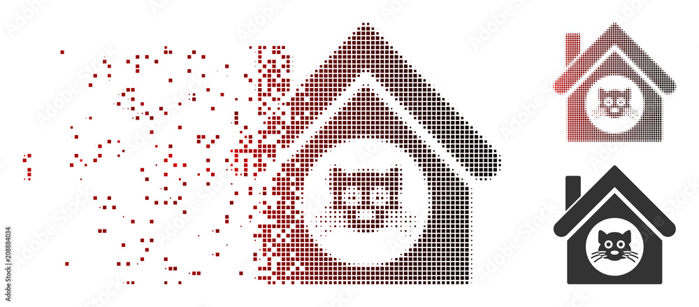 Poster vector cat house icon in dissolved, dotted halftone and undamaged solid versions. disintegration eff