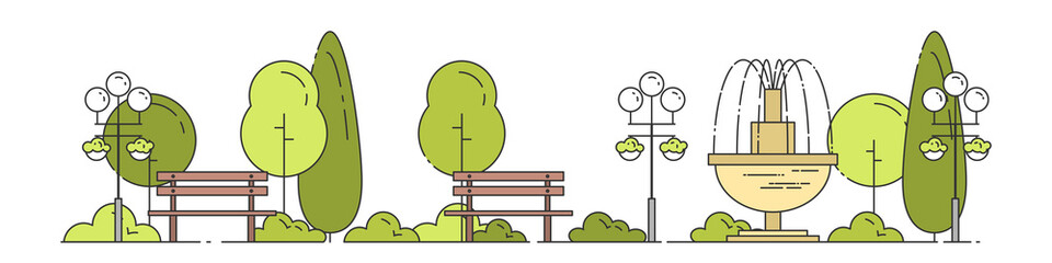 Summer city public park with trees, benches and fountain isolated on white background.