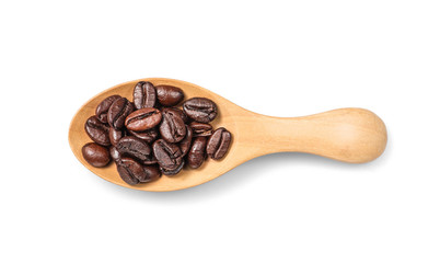 Top view of coffee bean on wooden spoon isolated on a white background.