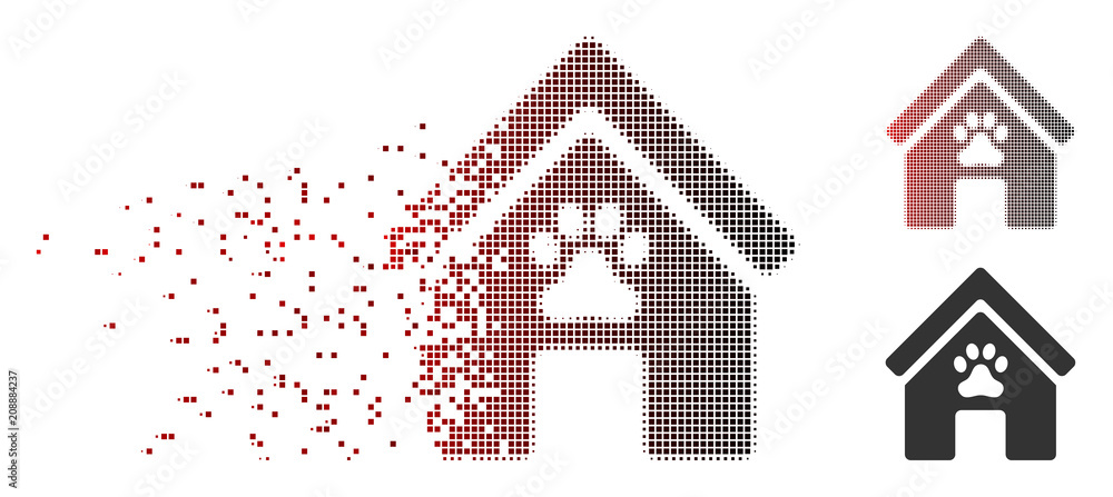 Poster Vector doghouse icon in dissolved, pixelated halftone and undamaged entire variants. Disappearing effect uses rectangle sparks and horizontal gradient from red to black.