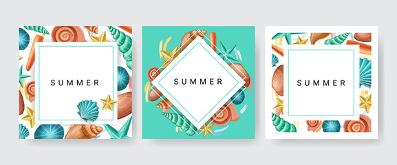 Card frame set with shells and starfish, for tropical design. Vector illustration, paper card collection with three designs